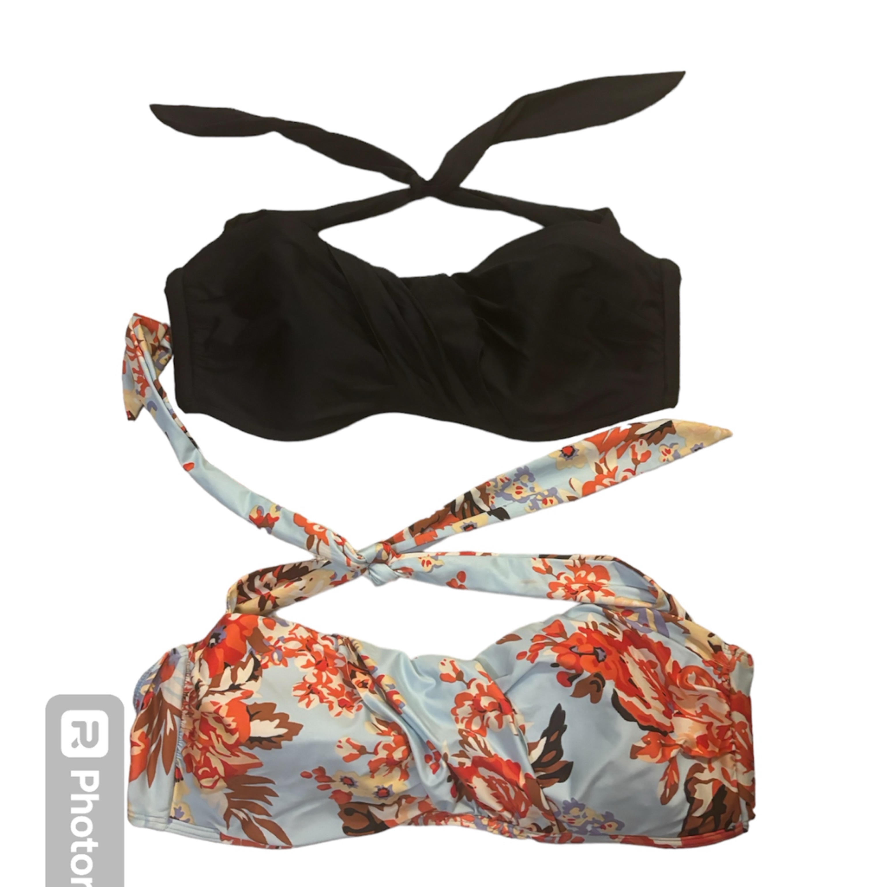 Two Size Large Bandana Bathing Suit Tops Sold As A Pair- Classic Black + Floral